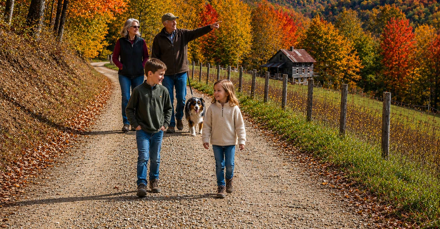 Couple walking with grandchildren and dog